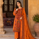 Women's brown Simtaar Georgette dress featuring colorful digital embroidery and elegant mirror work for weddings and festive occasions.