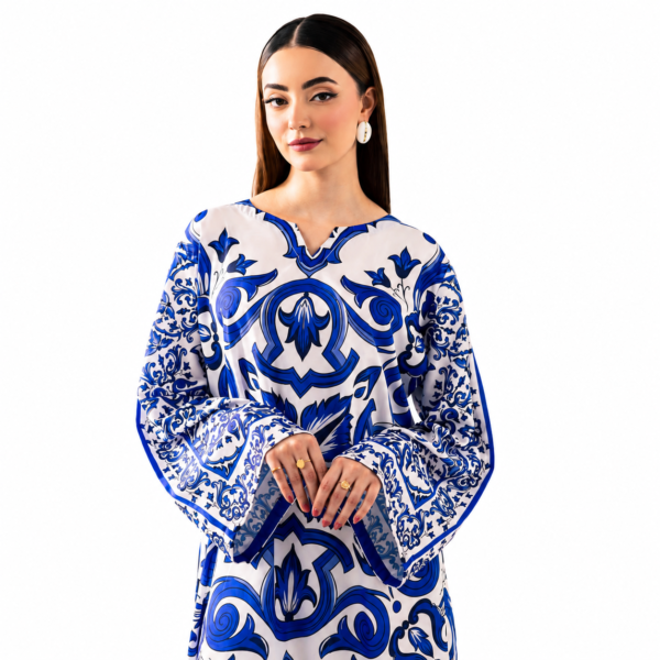 Blue and white printed long kaftan dress for women by ZeeZak