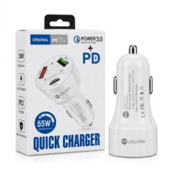 55W Fast Car Charger with 2 USB Ports and Type-C PD Port