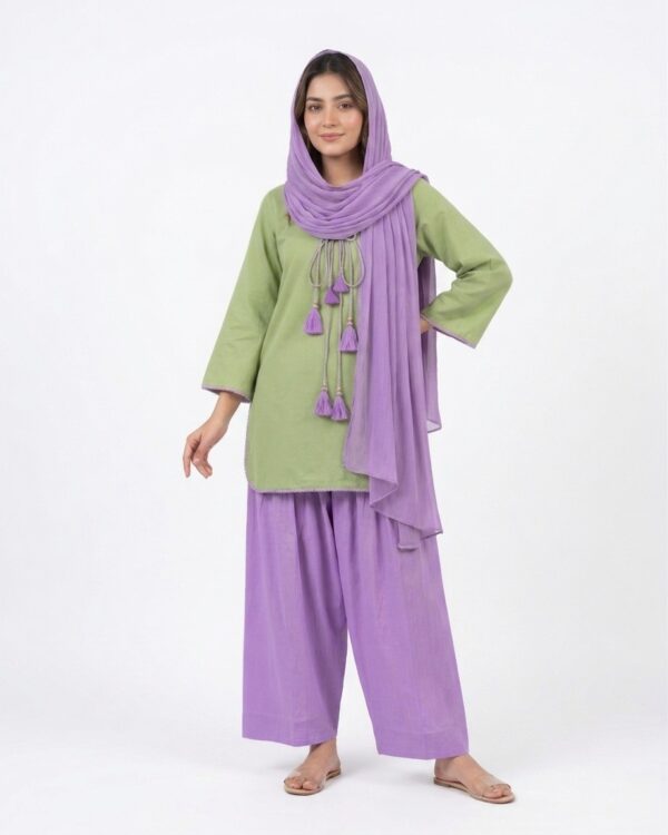 Pistachio Green Doria Lawn 3 Piece Suit with Lilac Dupatta